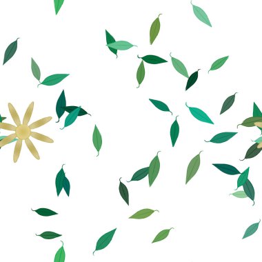 basit renkli çiçekleri olan serbest kompozisyon ve duvar kağıdı için yeşil yapraklar, vektör illüstrasyonu