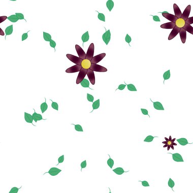 Basit renkli çiçekleri ve arka planda yeşil yaprakları olan güzel kompozisyon, vektör illüstrasyonu