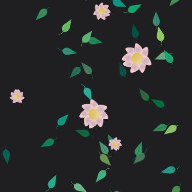 basit renkli çiçekleri olan serbest kompozisyon ve duvar kağıdı için yeşil yapraklar, vektör illüstrasyonu