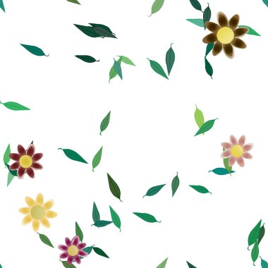 basit renkli çiçekleri olan serbest kompozisyon ve duvar kağıdı için yeşil yapraklar, vektör illüstrasyonu