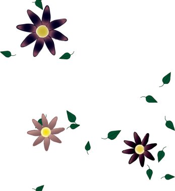 Basit renkli çiçekleri ve arka planda yeşil yaprakları olan güzel kompozisyon, vektör illüstrasyonu