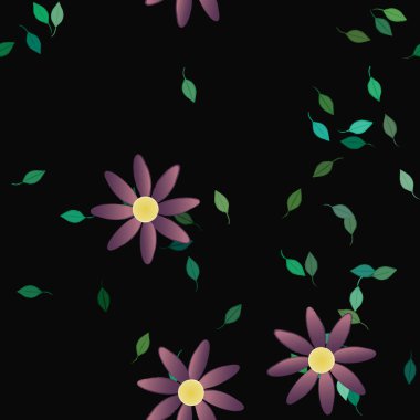 Serbest kompozisyonda yeşil yapraklı basit çiçekler, vektör illüstrasyonu