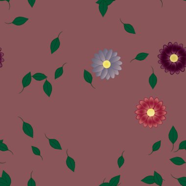 basit renkli çiçekleri olan serbest kompozisyon ve duvar kağıdı için yeşil yapraklar, vektör illüstrasyonu