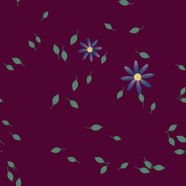 Basit renkli çiçekleri ve arka planda yeşil yaprakları olan güzel kompozisyon, vektör illüstrasyonu