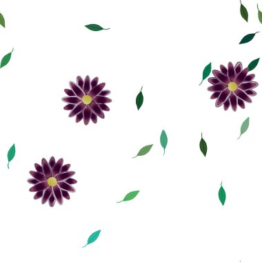 Serbest kompozisyonda yeşil yapraklı basit çiçekler, vektör illüstrasyonu