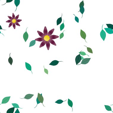 Basit renkli çiçekleri ve arka planda yeşil yaprakları olan güzel kompozisyon, vektör illüstrasyonu