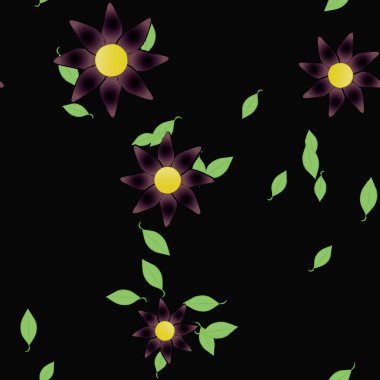 Serbest kompozisyonda yeşil yapraklı basit çiçekler, vektör illüstrasyonu