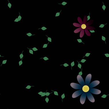 Serbest kompozisyonda yeşil yapraklı basit çiçekler, vektör illüstrasyonu