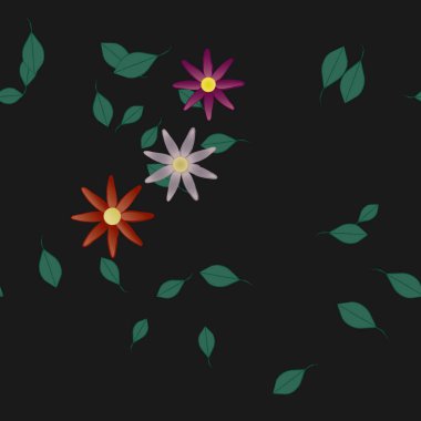 Serbest kompozisyonda yeşil yapraklı basit çiçekler, vektör illüstrasyonu