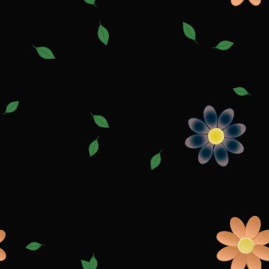 basit renkli çiçekleri olan serbest kompozisyon ve duvar kağıdı için yeşil yapraklar, vektör illüstrasyonu