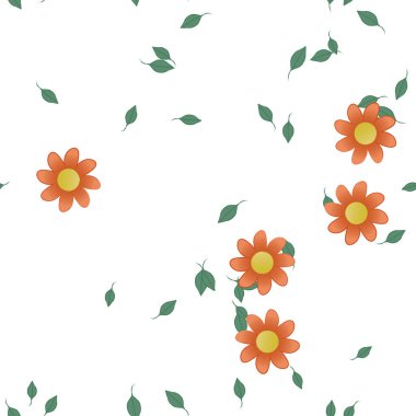 basit renkli çiçekleri olan serbest kompozisyon ve duvar kağıdı için yeşil yapraklar, vektör illüstrasyonu