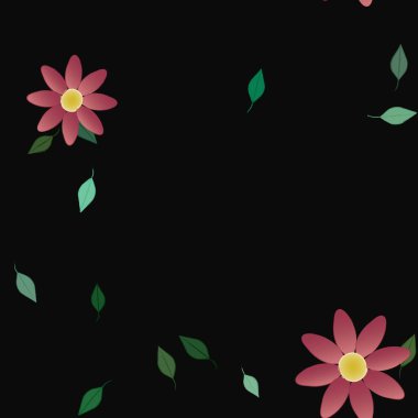 Basit renkli çiçekleri ve arka planda yeşil yaprakları olan güzel kompozisyon, vektör illüstrasyonu