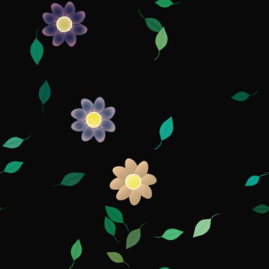 Serbest kompozisyonda yeşil yapraklı basit çiçekler, vektör illüstrasyonu