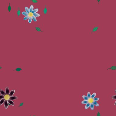 Serbest kompozisyonda yeşil yapraklı basit çiçekler, vektör illüstrasyonu