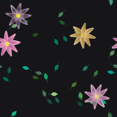 basit renkli çiçekleri olan serbest kompozisyon ve duvar kağıdı için yeşil yapraklar, vektör illüstrasyonu