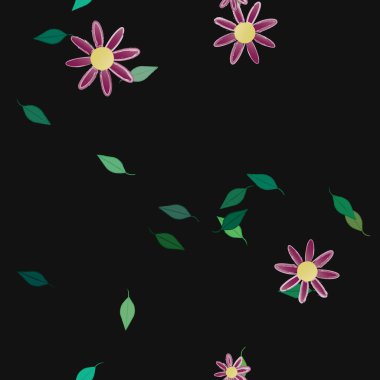 Basit renkli çiçekleri ve arka planda yeşil yaprakları olan güzel kompozisyon, vektör illüstrasyonu