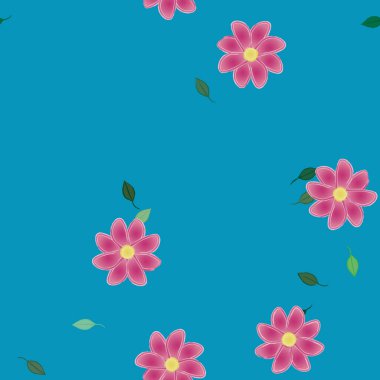 basit renkli çiçekleri olan serbest kompozisyon ve duvar kağıdı için yeşil yapraklar, vektör illüstrasyonu