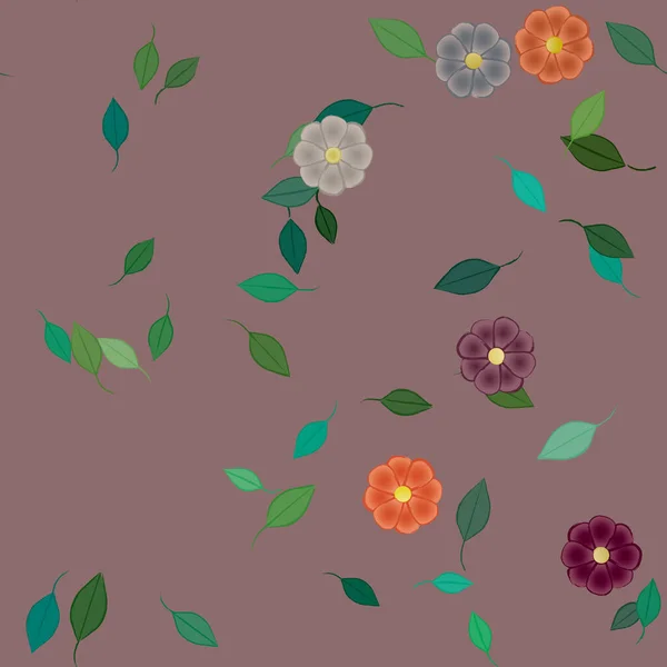 Plantilla Vector Con Flores Coloridas Simples Hojas Verdes — Archivo Imágenes Vectoriales