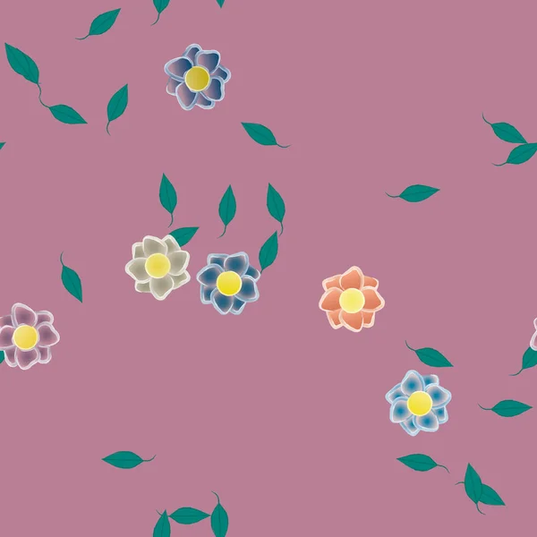 Modèle Vectoriel Avec Des Fleurs Colorées Simples Des Feuilles Vertes — Image vectorielle