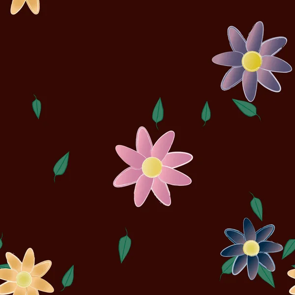 vector template with simple colorful flowers and green leaves