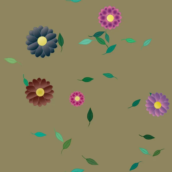 Composição Bonita Com Flores Coloridas Simples Folhas Verdes Fundo Ilustração — Vetor de Stock