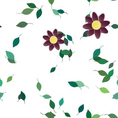 Serbest kompozisyonda yeşil yapraklı basit çiçekler, vektör illüstrasyonu