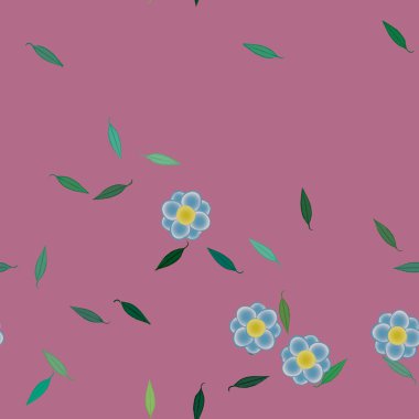 basit renkli çiçekleri olan serbest kompozisyon ve duvar kağıdı için yeşil yapraklar, vektör illüstrasyonu