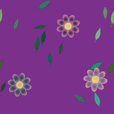 basit renkli çiçekleri olan serbest kompozisyon ve duvar kağıdı için yeşil yapraklar, vektör illüstrasyonu