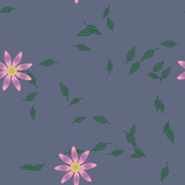 basit renkli çiçekleri olan serbest kompozisyon ve duvar kağıdı için yeşil yapraklar, vektör illüstrasyonu