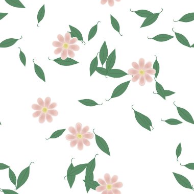 Serbest kompozisyonda yeşil yapraklı basit çiçekler, vektör illüstrasyonu