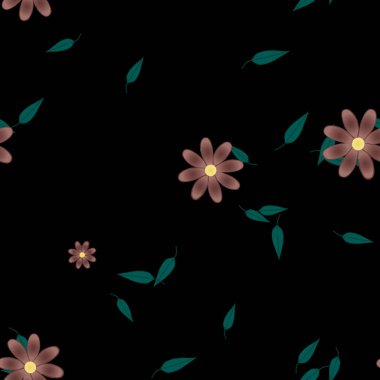 basit renkli çiçekleri olan serbest kompozisyon ve duvar kağıdı için yeşil yapraklar, vektör illüstrasyonu