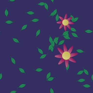 basit renkli çiçekleri olan serbest kompozisyon ve duvar kağıdı için yeşil yapraklar, vektör illüstrasyonu