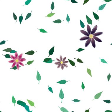 Basit renkli çiçekleri ve arka planda yeşil yaprakları olan güzel kompozisyon, vektör illüstrasyonu