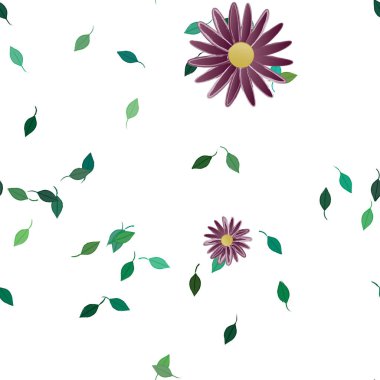 basit renkli çiçekleri olan serbest kompozisyon ve duvar kağıdı için yeşil yapraklar, vektör illüstrasyonu