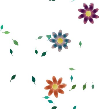 Basit renkli çiçekleri ve arka planda yeşil yaprakları olan güzel kompozisyon, vektör illüstrasyonu