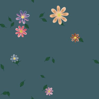 basit renkli çiçekleri olan serbest kompozisyon ve duvar kağıdı için yeşil yapraklar, vektör illüstrasyonu