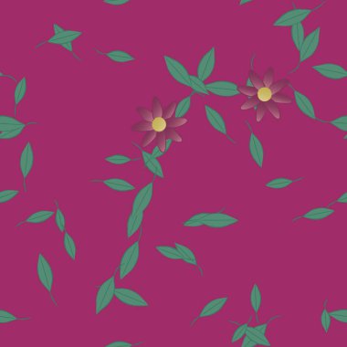 Serbest kompozisyonda yeşil yapraklı basit çiçekler, vektör illüstrasyonu