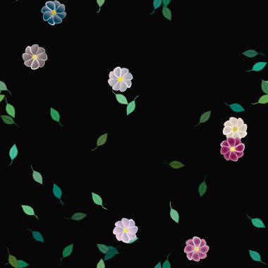 basit renkli çiçekleri olan serbest kompozisyon ve duvar kağıdı için yeşil yapraklar, vektör illüstrasyonu