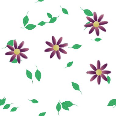 Basit renkli çiçekleri ve arka planda yeşil yaprakları olan güzel kompozisyon, vektör illüstrasyonu