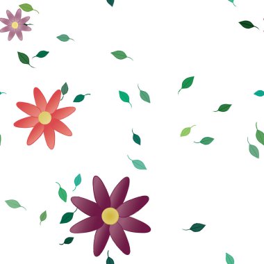 Basit renkli çiçekleri ve arka planda yeşil yaprakları olan güzel kompozisyon, vektör illüstrasyonu