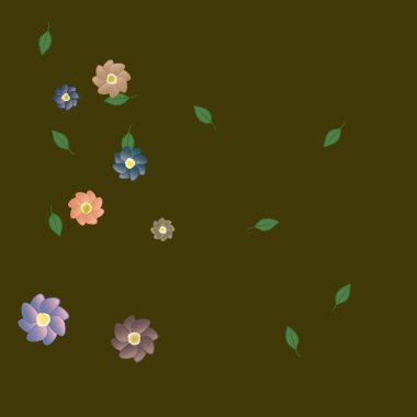 Basit renkli çiçekleri ve arka planda yeşil yaprakları olan güzel kompozisyon, vektör illüstrasyonu