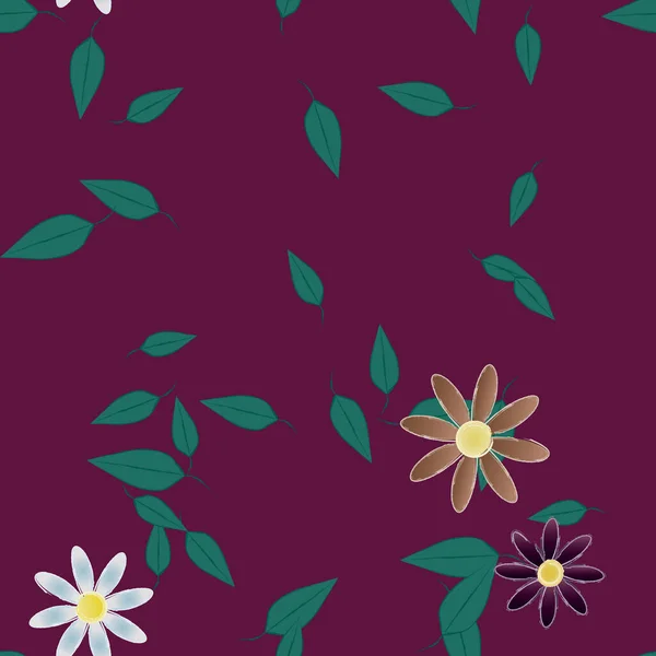 Mooie Compositie Met Eenvoudige Gekleurde Bloemen Groene Bladeren Achtergrond Vector — Stockvector