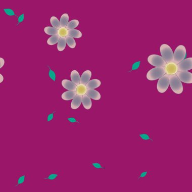 basit renkli çiçekleri olan serbest kompozisyon ve duvar kağıdı için yeşil yapraklar, vektör illüstrasyonu