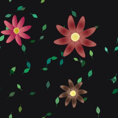 Basit renkli çiçekleri ve arka planda yeşil yaprakları olan güzel kompozisyon, vektör illüstrasyonu