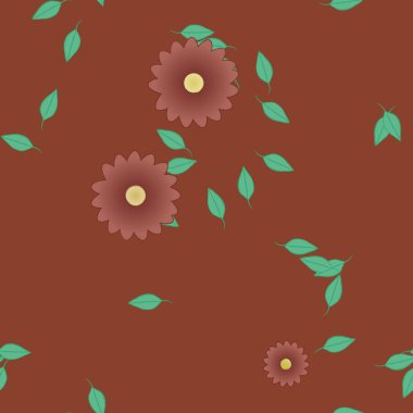 Serbest kompozisyonda yeşil yapraklı basit çiçekler, vektör illüstrasyonu