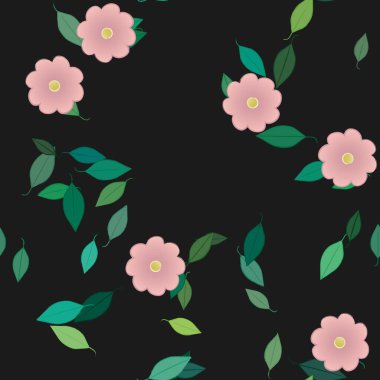 Basit renkli çiçekleri ve arka planda yeşil yaprakları olan güzel kompozisyon, vektör illüstrasyonu