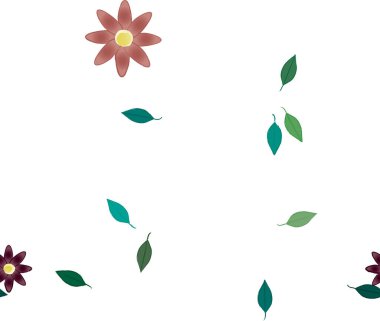 Serbest kompozisyonda yeşil yapraklı basit çiçekler, vektör illüstrasyonu