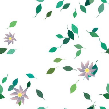 Basit renkli çiçekleri ve arka planda yeşil yaprakları olan güzel kompozisyon, vektör illüstrasyonu