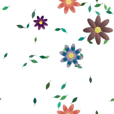 basit renkli çiçekleri olan serbest kompozisyon ve duvar kağıdı için yeşil yapraklar, vektör illüstrasyonu