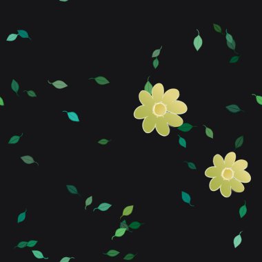 Serbest kompozisyonda yeşil yapraklı basit çiçekler, vektör illüstrasyonu